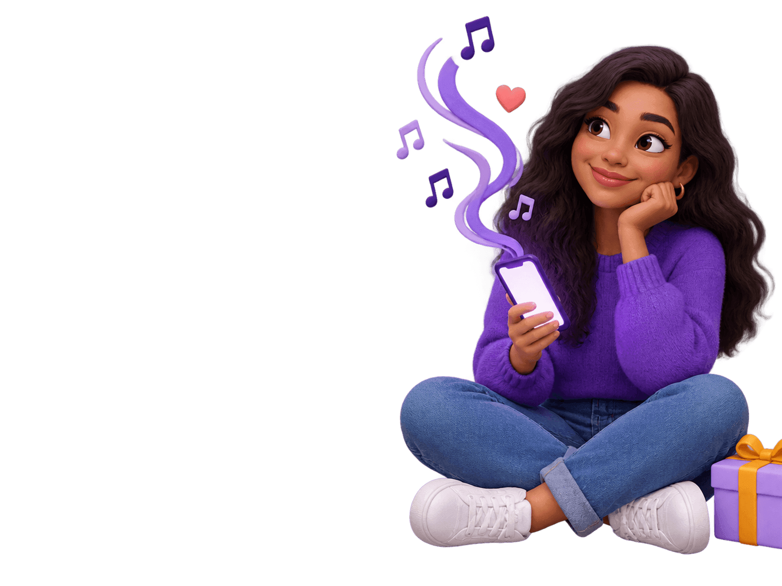 Uma pessoa criando uma música no celular, com notas musicais saindo da tela